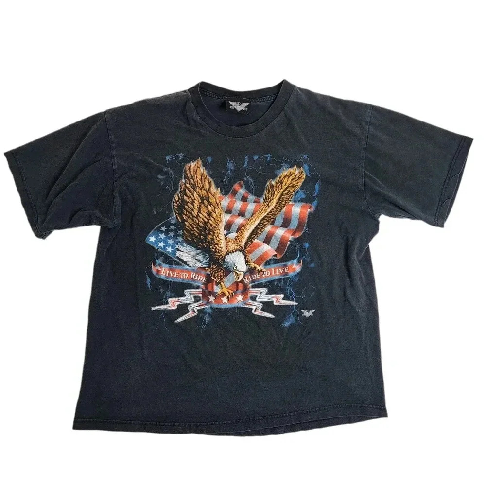 Vintage Motorcycle Eagle Lightning American Flag‎ Shirt Size XL Biker